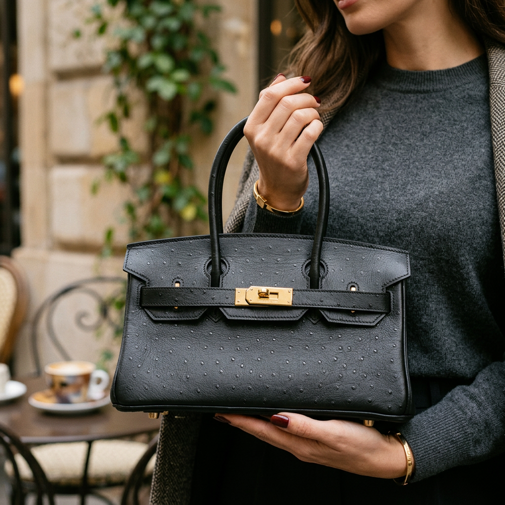 Torebka damska w stylu Hermès Birkin – czarna skóra strusia (złote okucia)
