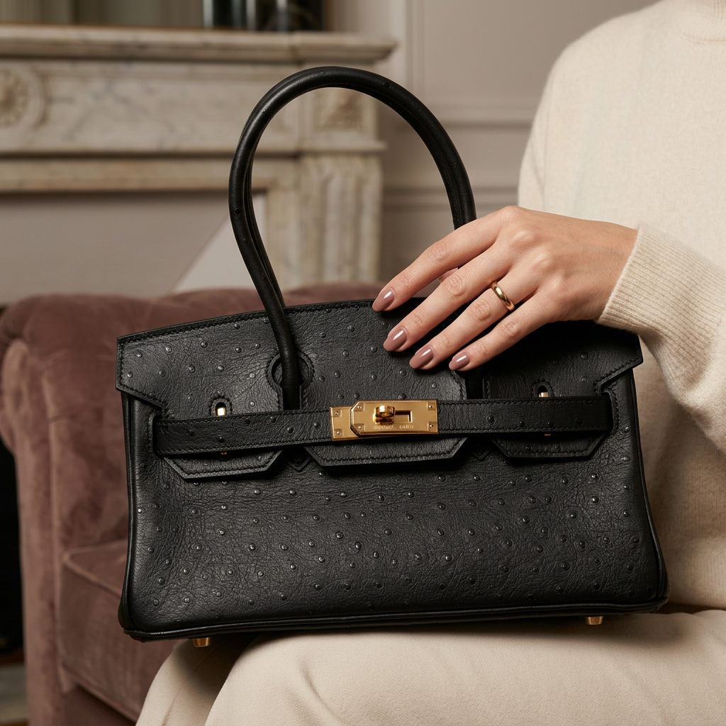 Torebka damska w stylu Hermès Birkin – czarna skóra strusia (złote okucia)