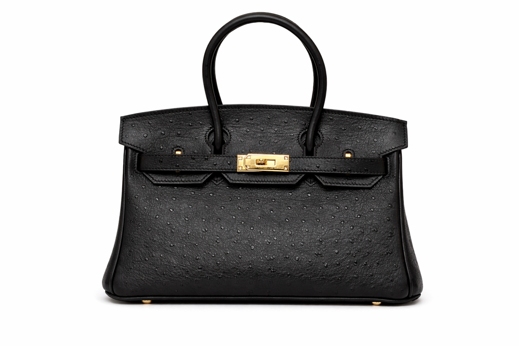 Torebka damska w stylu Hermès Birkin – czarna skóra strusia (złote okucia)