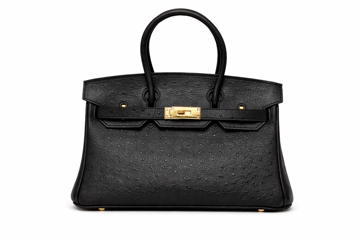 Torebka damska w stylu Hermès Birkin – czarna skóra strusia (złote okucia)