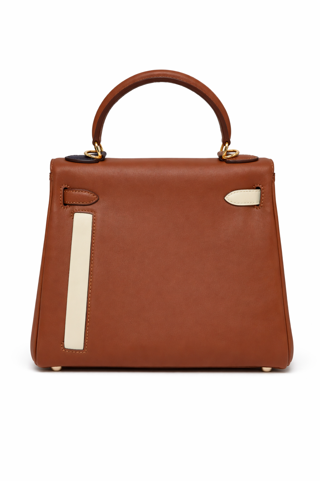 Torebka damska w stylu Hermès Kelly – skóra w kolorze koniakowym z kieszenią typu color block