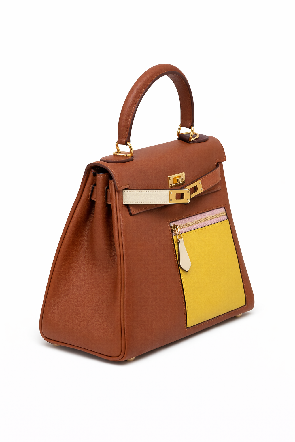 Torebka damska w stylu Hermès Kelly – skóra w kolorze koniakowym z kieszenią typu color block