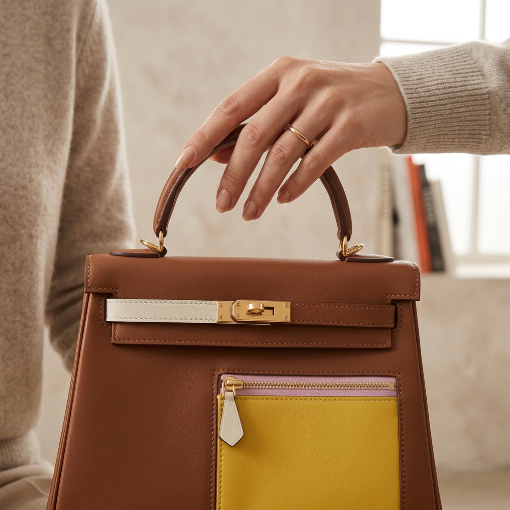 Torebka damska w stylu Hermès Kelly – skóra w kolorze koniakowym z kieszenią typu color block