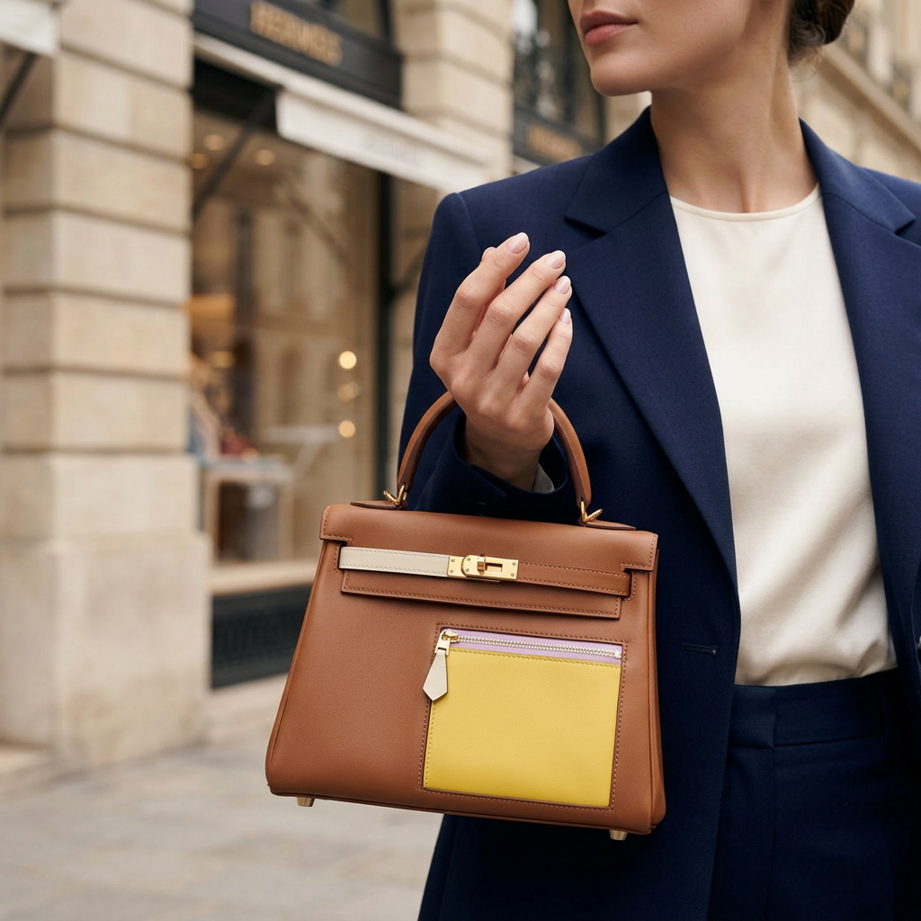 Torebka damska w stylu Hermès Kelly – skóra w kolorze koniakowym z kieszenią typu color block