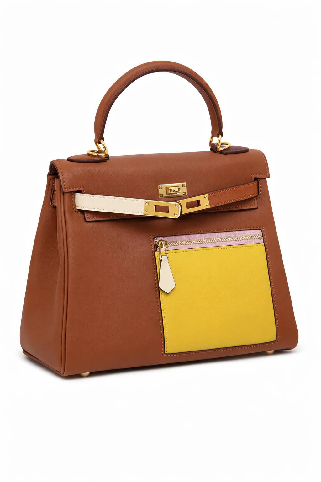 Torebka damska w stylu Hermès Kelly – skóra w kolorze koniakowym z kieszenią typu color block