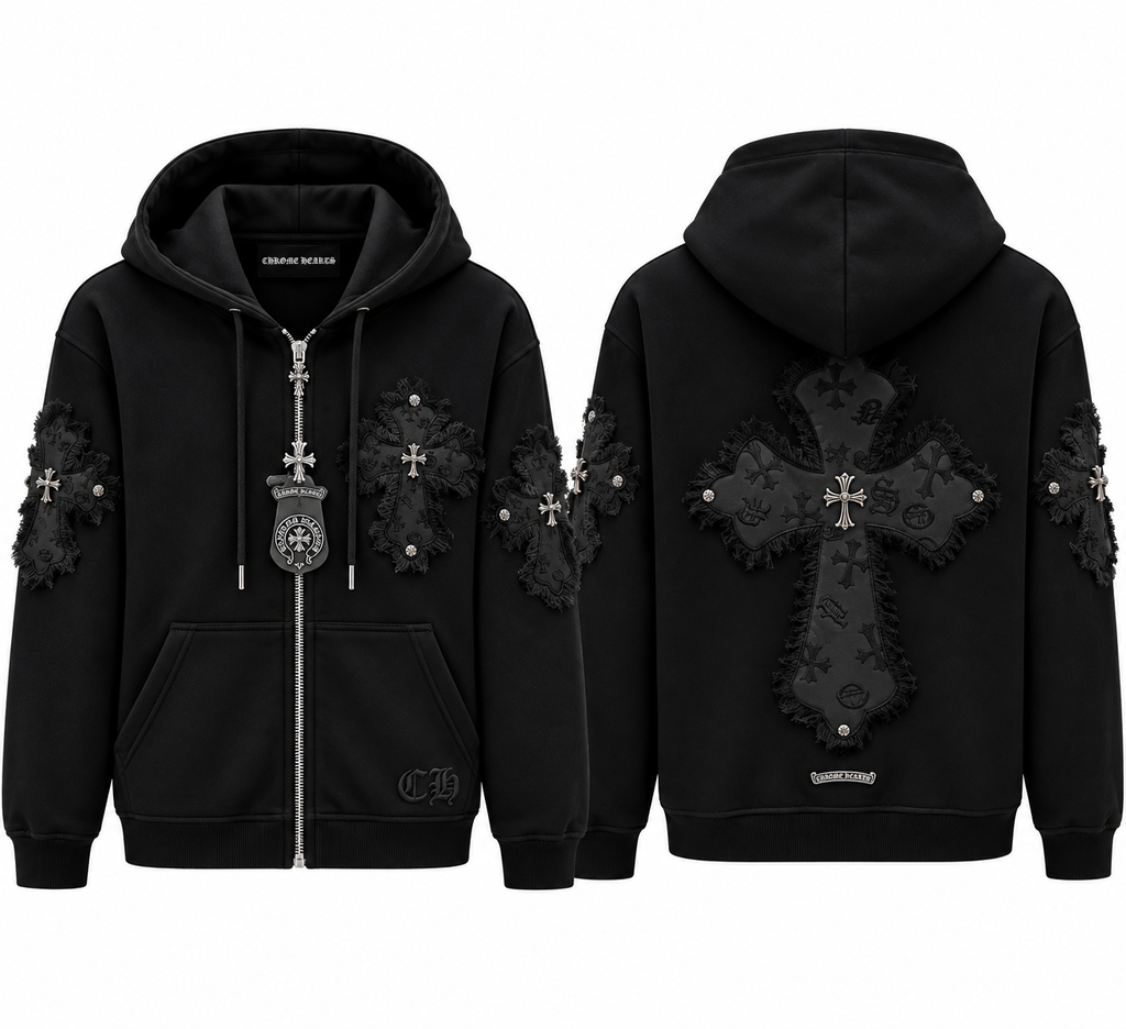 Męska bluza z kapturem Chrome Hearts z ozdobnymi krzyżami – czarna