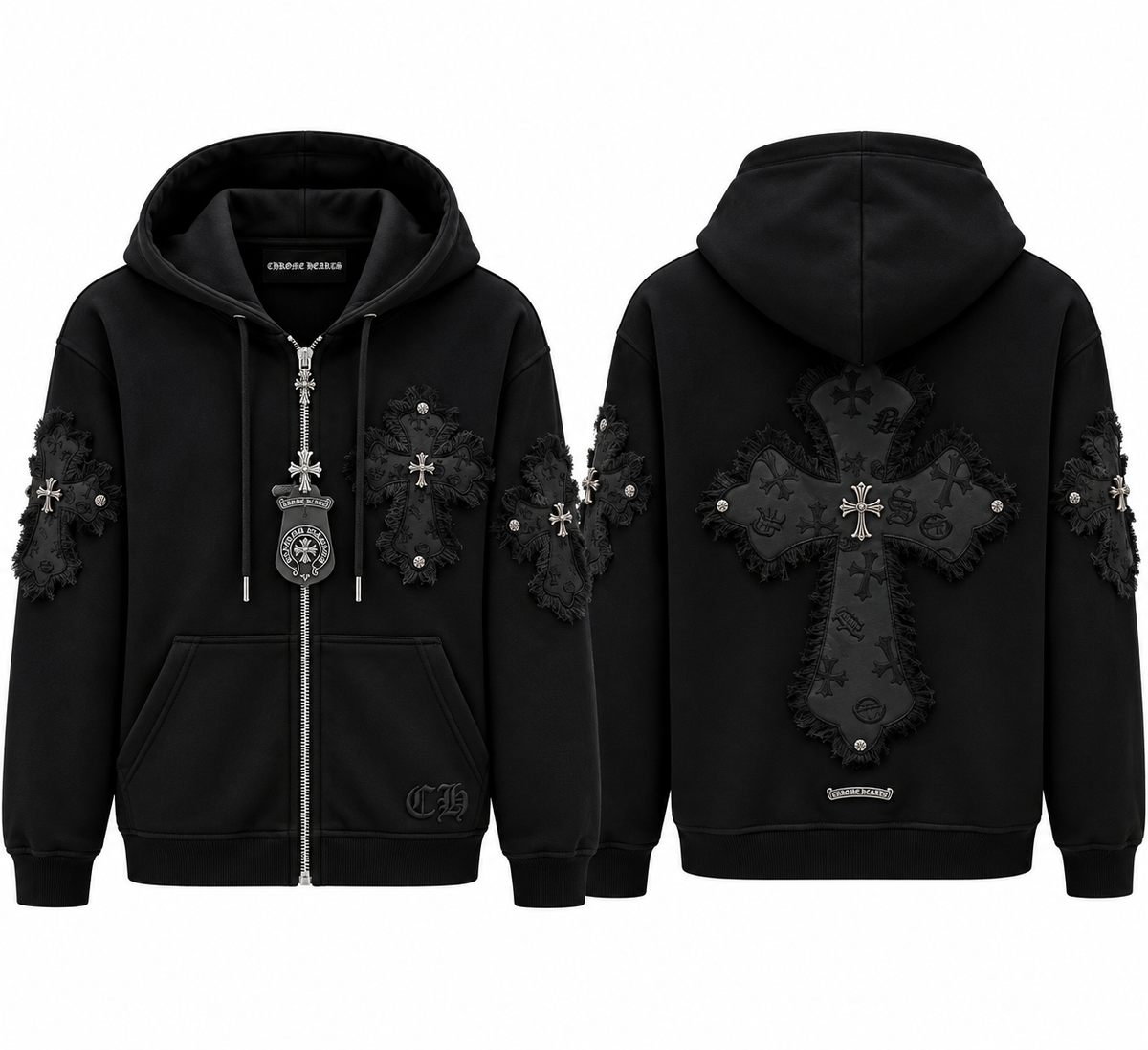 Męska bluza z kapturem Chrome Hearts z ozdobnymi krzyżami – czarna
