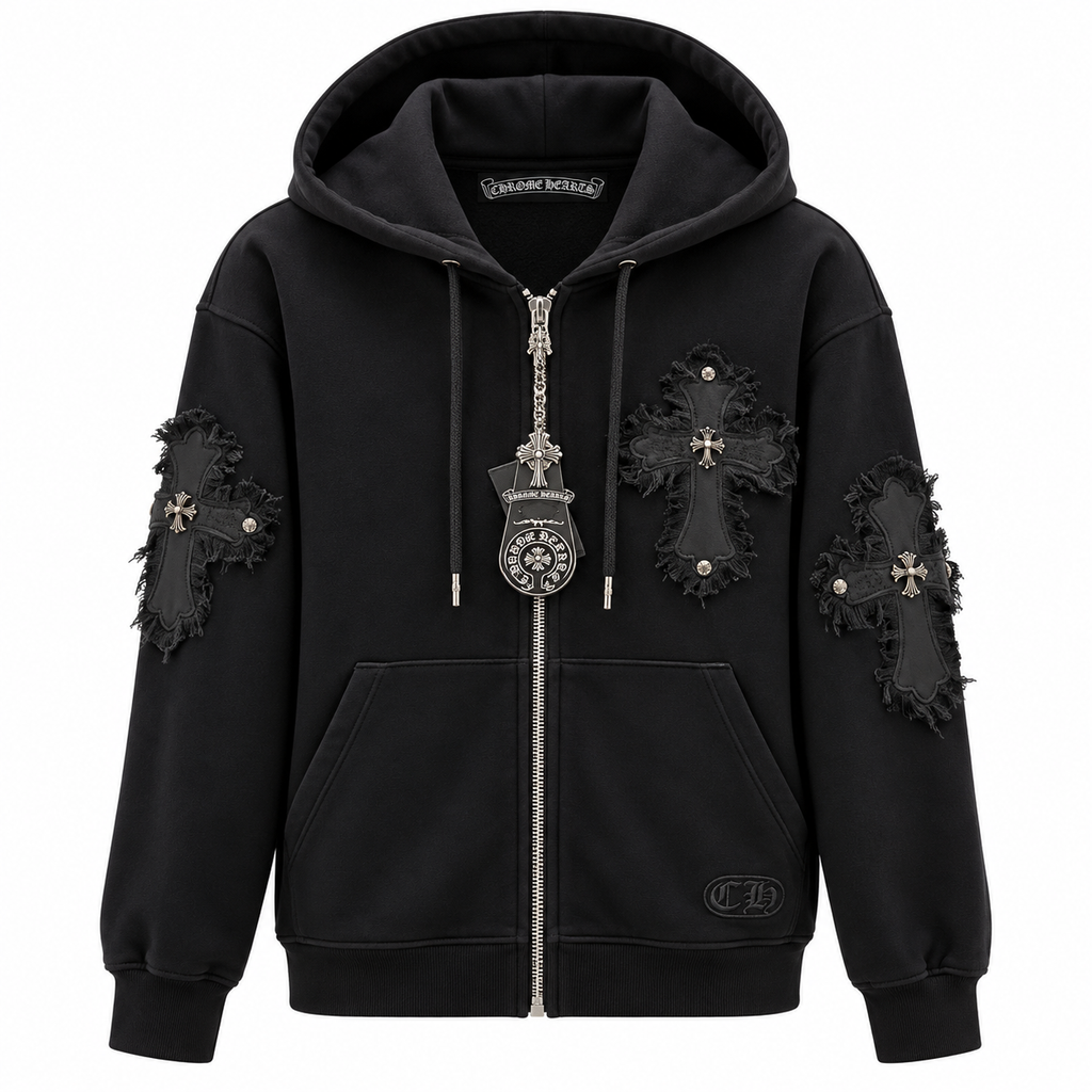 Męska bluza z kapturem Chrome Hearts z ozdobnymi krzyżami – czarna