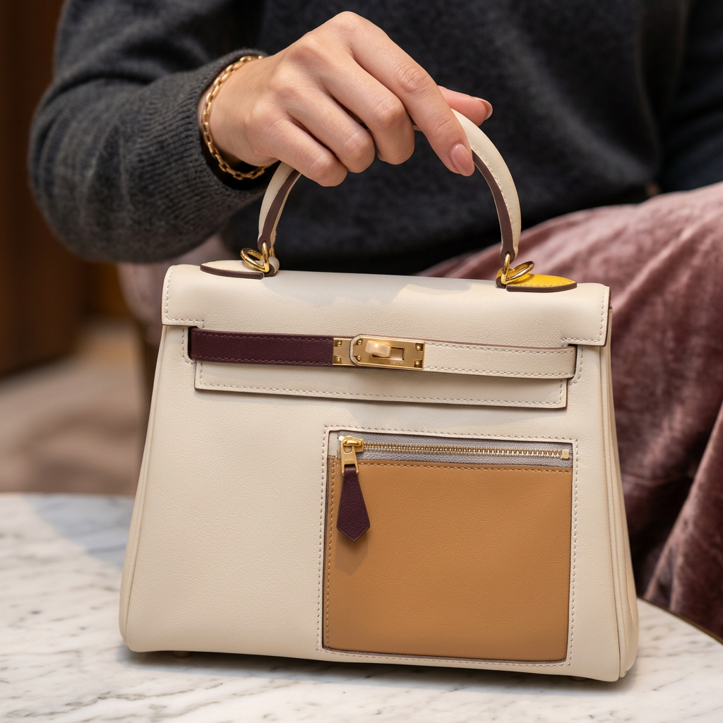 Torebka damska Hermès Kelly Style Top Handle Bag – skóra trójkolorowa