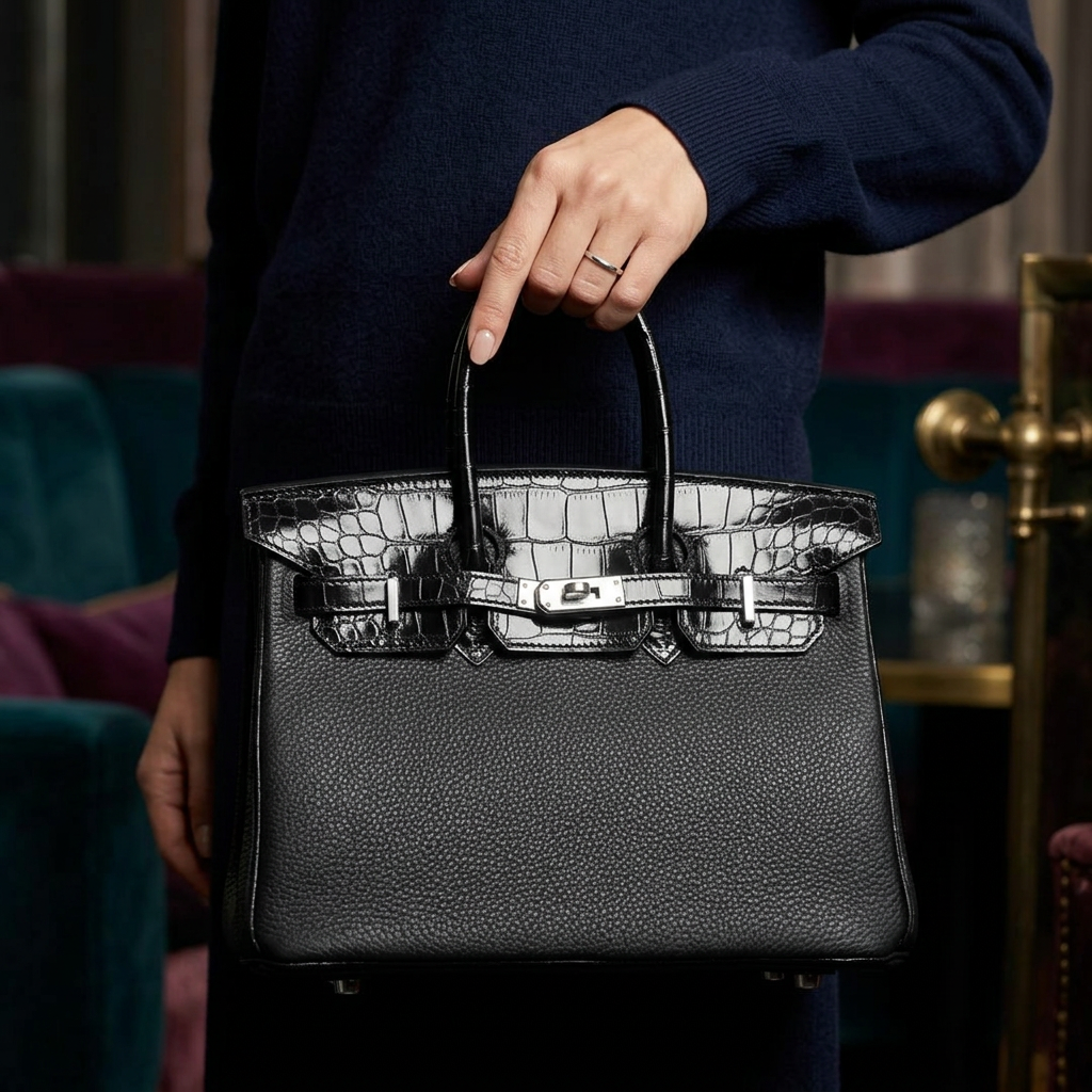 Torebka damska Hermès – Birkin Bag Black (wykończenie ze skóry krokodyla)