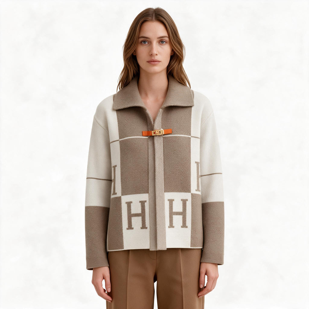 Дамска плетена жилетка HERMÈS – бежово и екрю с H мотиви