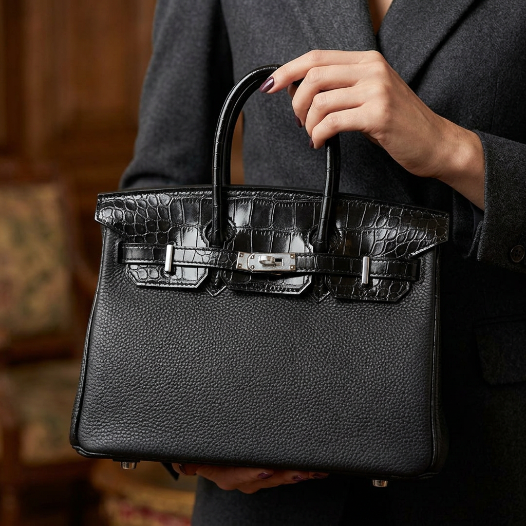 Torebka damska Hermès – Birkin Bag Black (wykończenie ze skóry krokodyla)