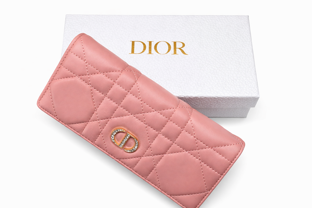 Damski portfel Christian Dior Caro Long Wallet Cannage – Różowy