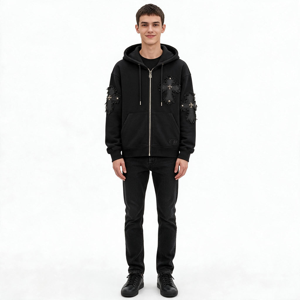 Męska bluza z kapturem Chrome Hearts z ozdobnymi krzyżami – czarna