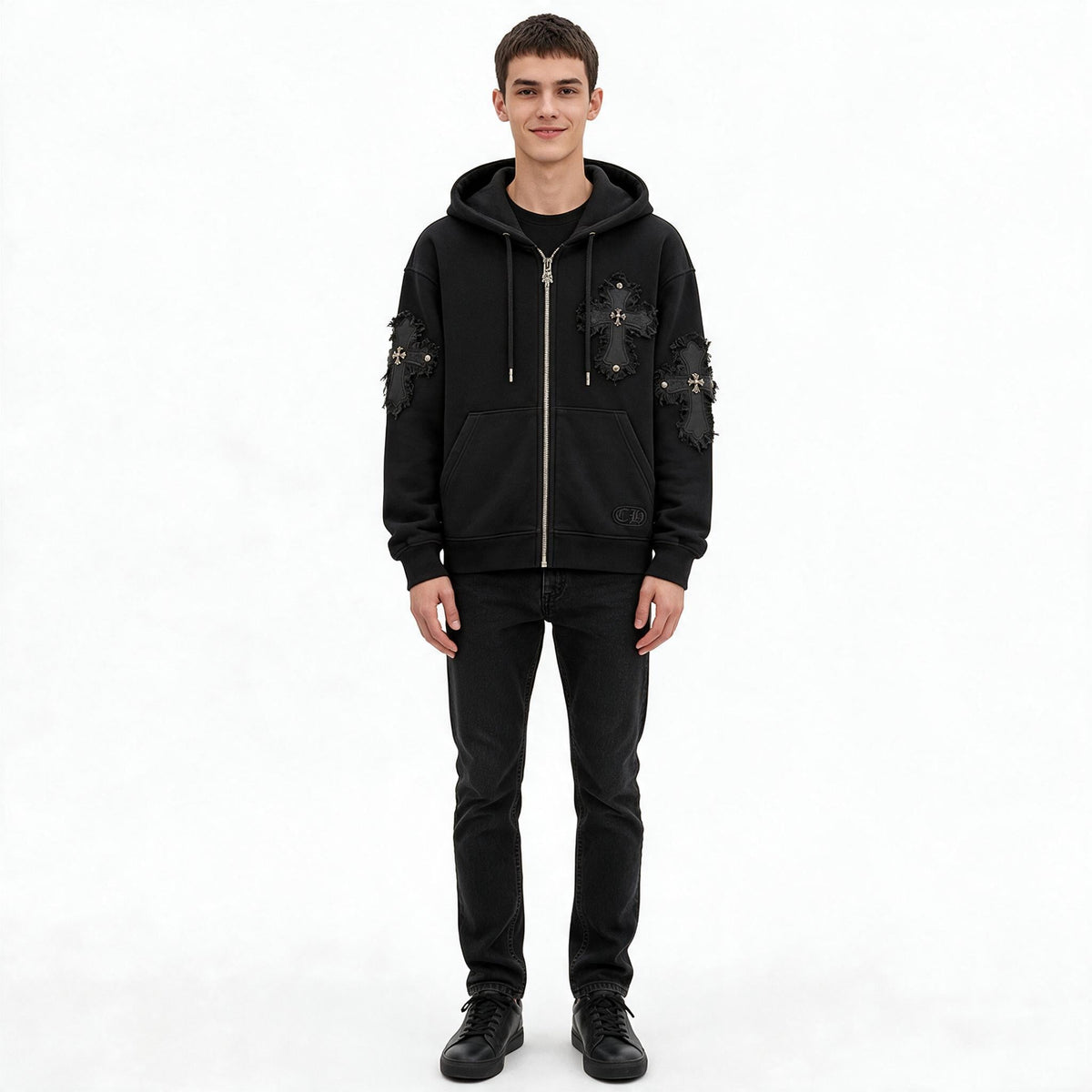 Męska bluza z kapturem Chrome Hearts z ozdobnymi krzyżami – czarna