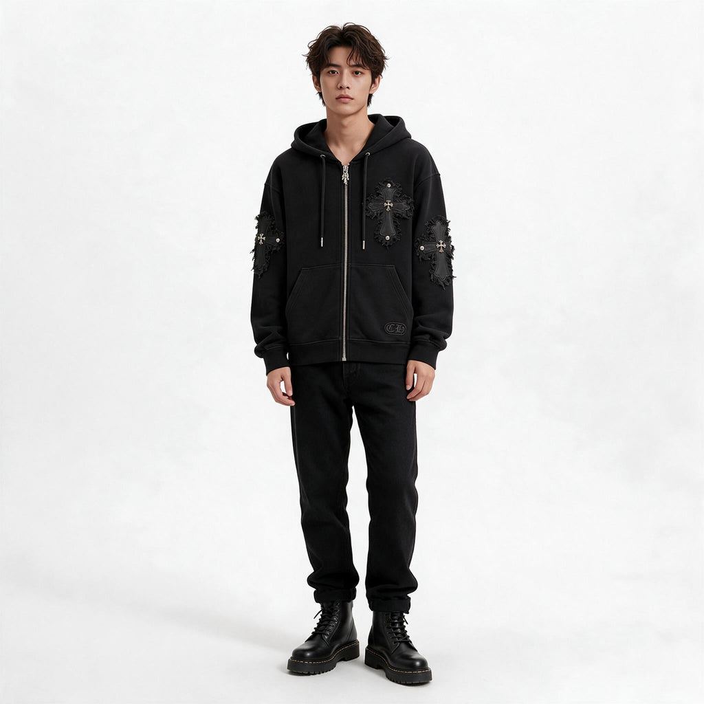 Męska bluza z kapturem Chrome Hearts z ozdobnymi krzyżami – czarna