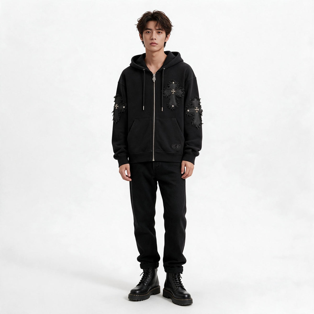 Męska bluza z kapturem Chrome Hearts z ozdobnymi krzyżami – czarna