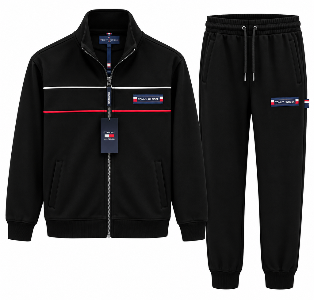 Мъжки спортен комплект TOMMY HILFIGER в черно с трицветни кантове (Copy)